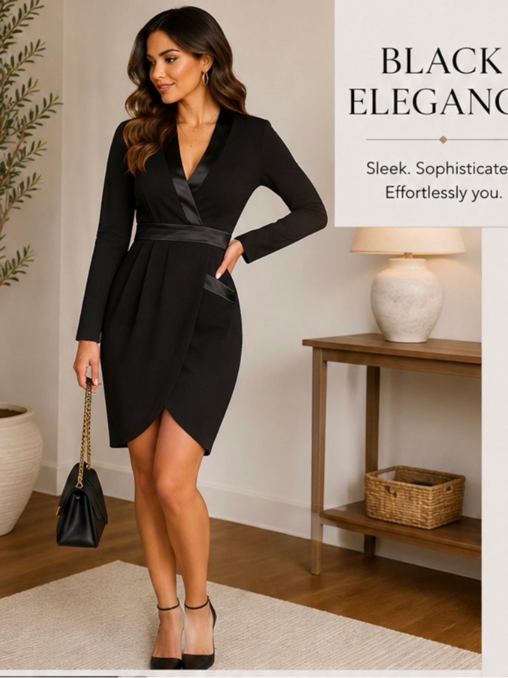Hot Miami Styles Black Long Sleeve Wrap Sheath Dress
